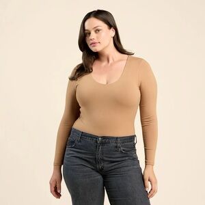 NEW! NUUDS LONG SLEEVE SCOOP NECK BODYSUIT, Cinnamon, size large